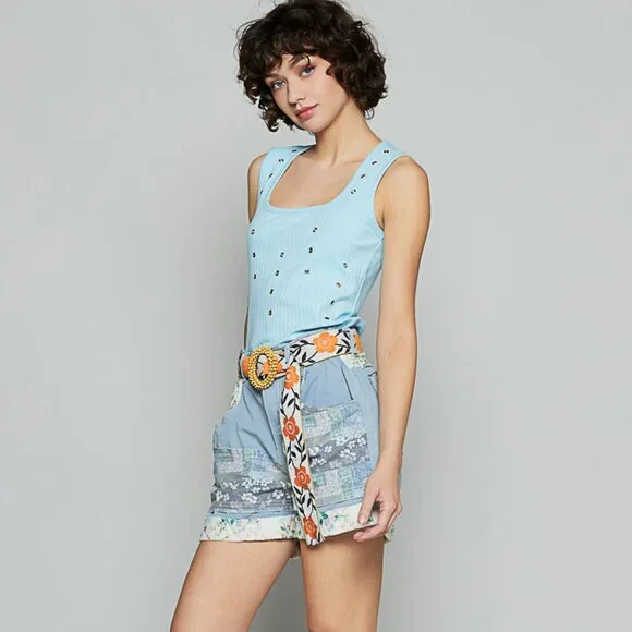 POL Patchwork Shorts in Blue Multi - Picture 5 of 8